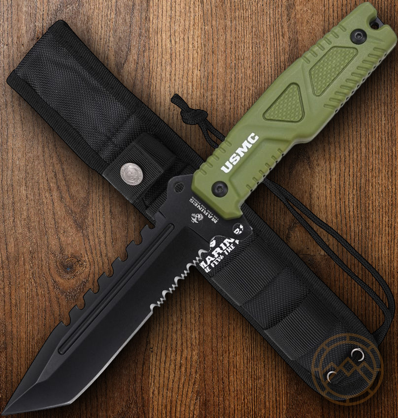 USMC Fixed Knife 6" Full Tang Part Serrated 3Cr13 Steel Blade Green FRN Handle