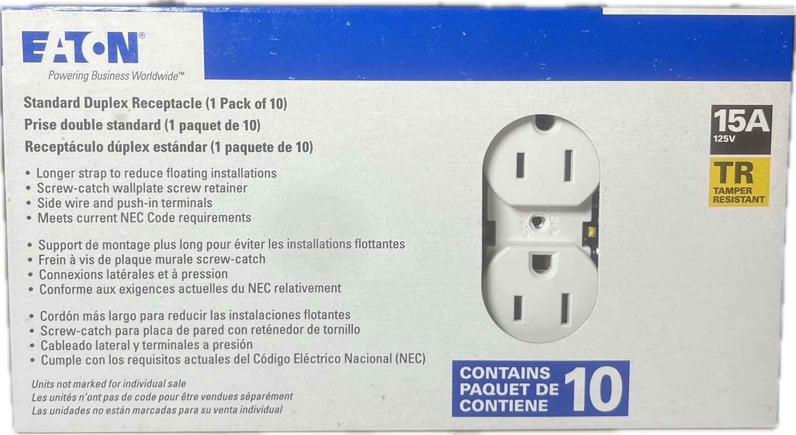 Eaton TR270W-10-LW 15A 125V Tamper-Resistant Duplex Receptacle White - 10 Pack