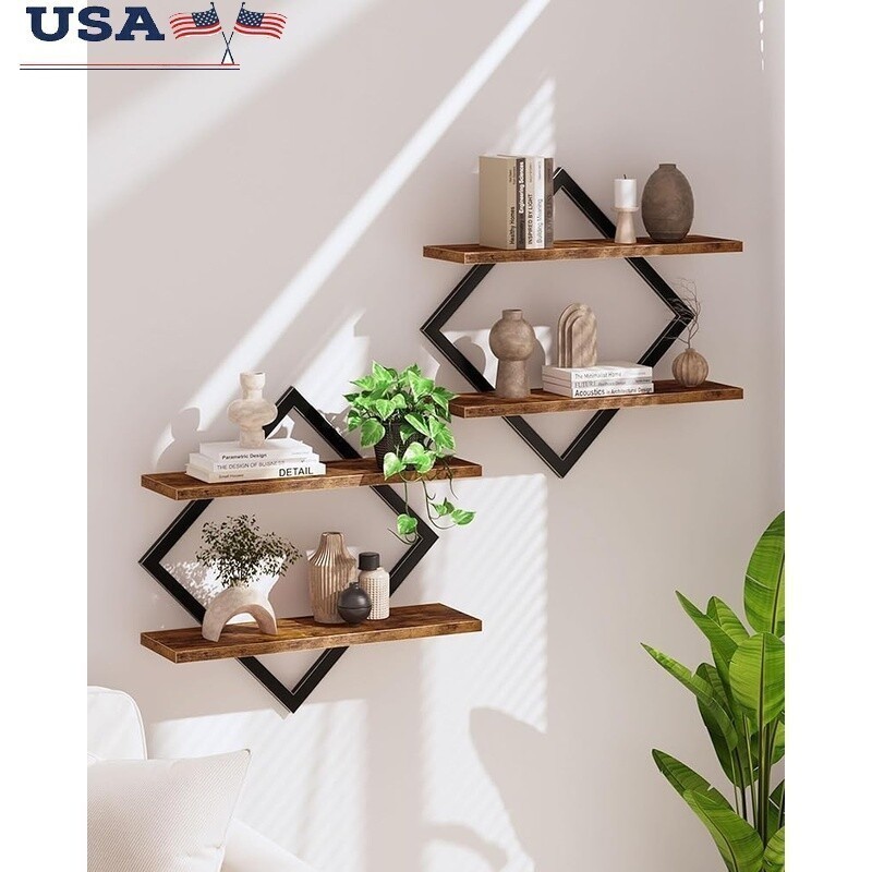 Floating Wall Shelves Set of 2 Tiered Storage Living Room Bedroom Office Brown
