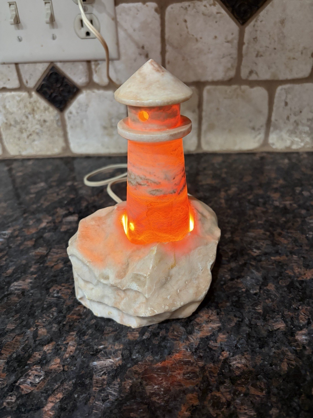 Alabaster lighthouse nightlight carved vintage sculpture rock lighting 6in tall