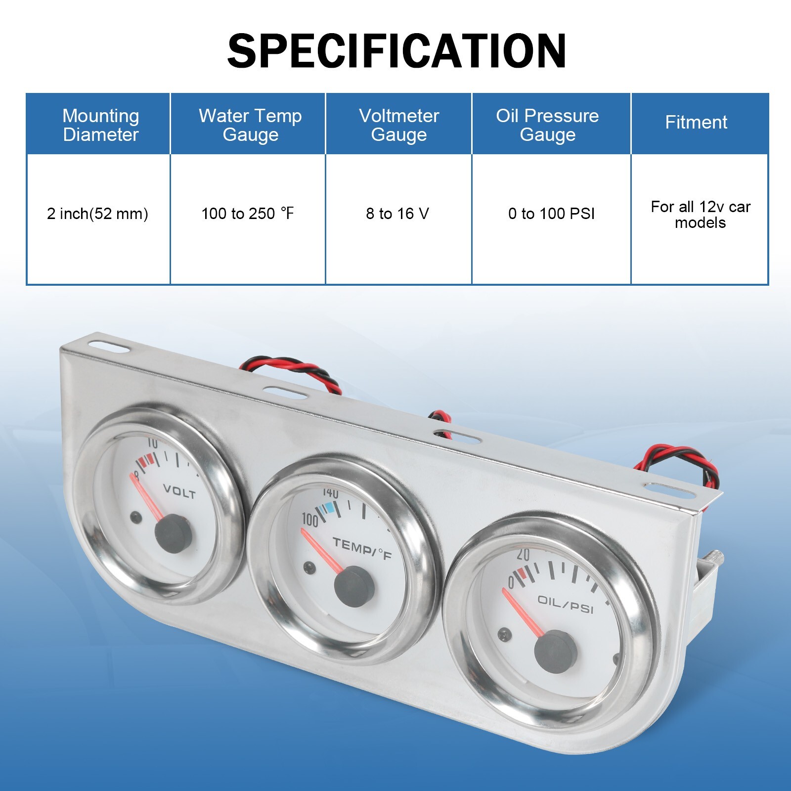 Chrome 2'' 52mm Mechanical Triple 3 Gauge Set Oil Pressure Volt Meter Water Temp
