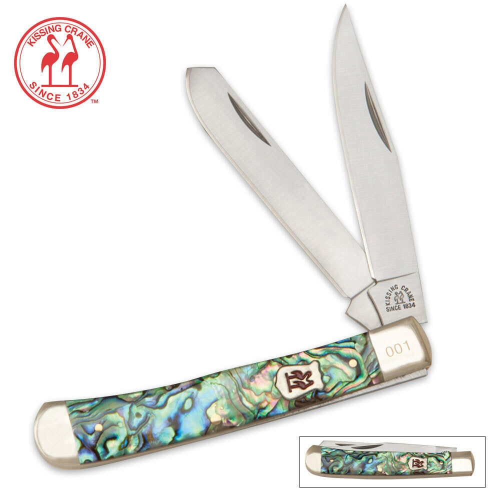 Kissing Crane Genuine Abalone Handle Large 4" Trapper Pocket Knife - AUS-8 Steel