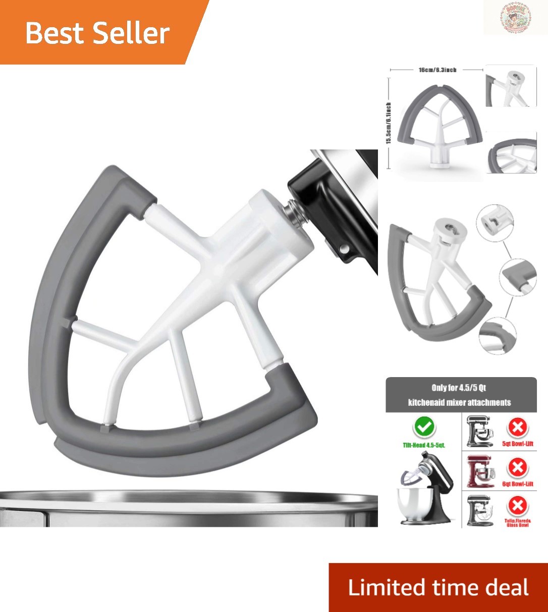 KitchenAid-Compatible Flex Edge Beater with Heavy Duty Silicone Edges, 6.3 in