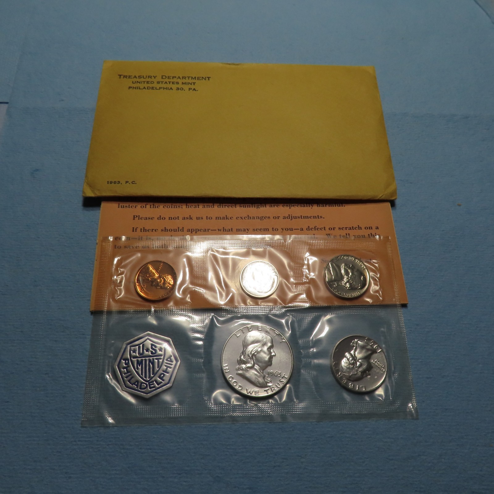1963 UNITED STATES MINT PROOF SET WITH ENVELOPE 90% SILVER COINS