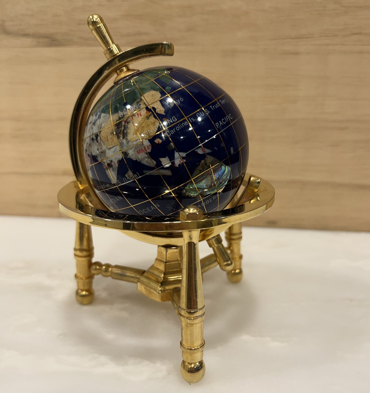 World Globe Brass Tripod Stand Emulates Stone Inlaid Look Spinning 6” Tall See D