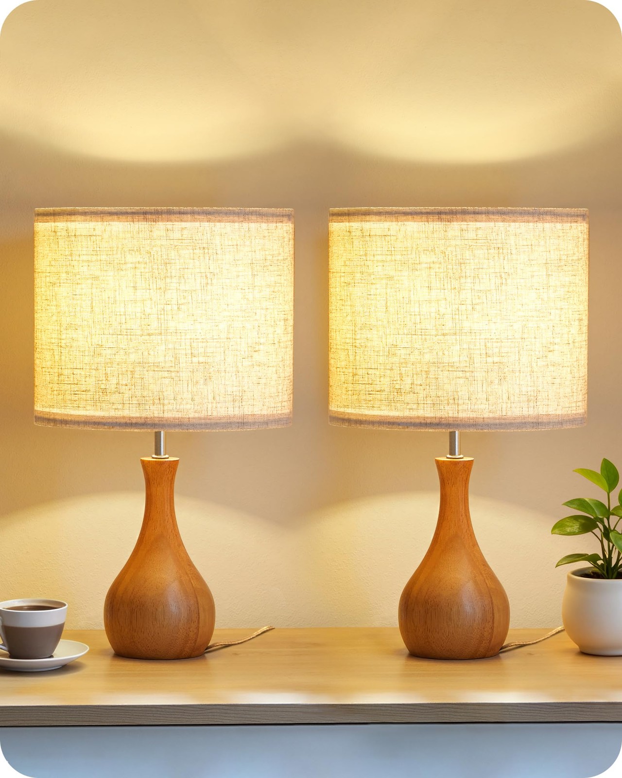 GOEBLESON Wood Table Lamps Set of 2, Small 2Pack Beige + Dark Pearwood