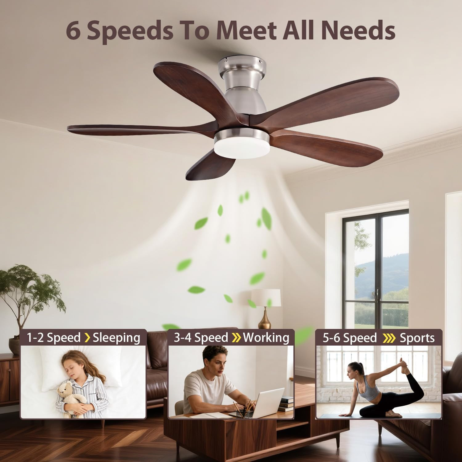 42 Inch Solid Wood Ceiling Fans with Lights Flush Mount, Remote Control and Wall