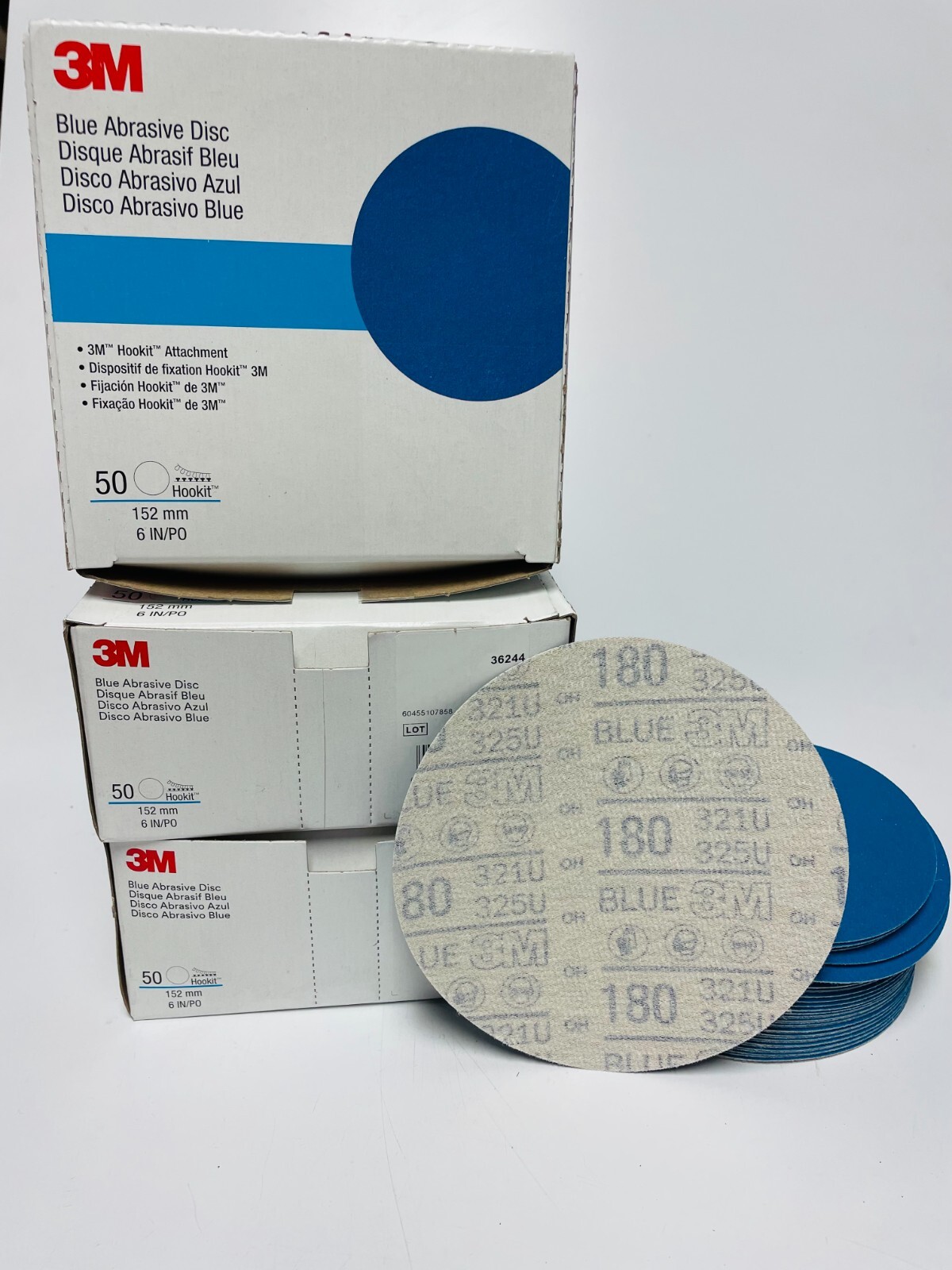 3M 36244, BLUE ABRASIVE DISC, 180 GRIT, 6", 50 DISC PER BOX, HOOKIT