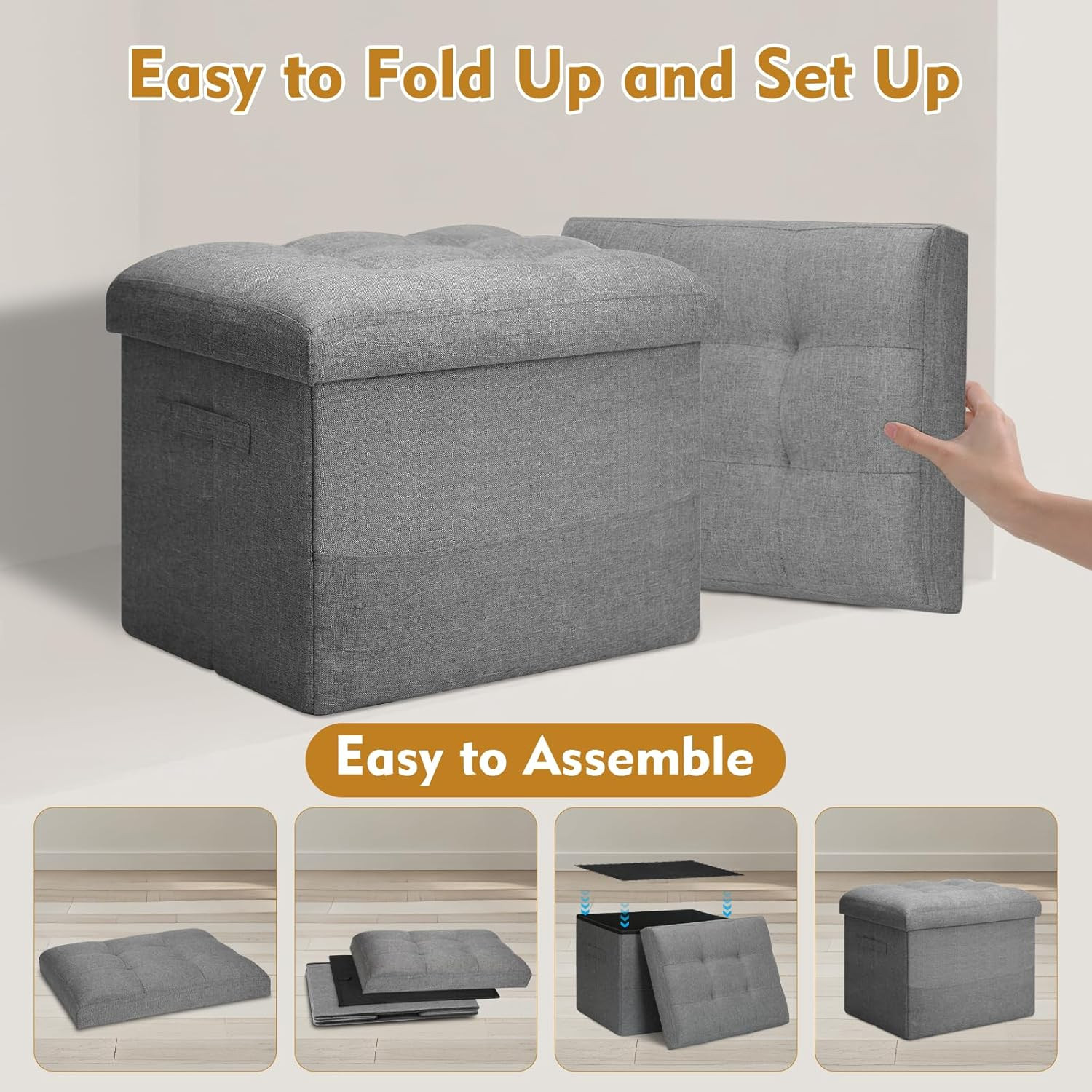 Storage Ottoman with Extra Thick Foam Padded Seat, Foldable Foot Rest Stool with