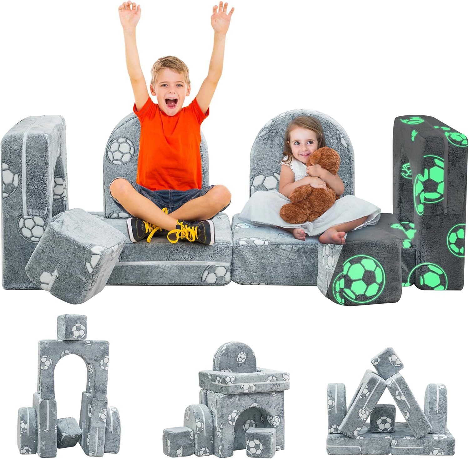 Glow-in-the-Dark Modular Kids Play Couch - Instant Expansion, Grey