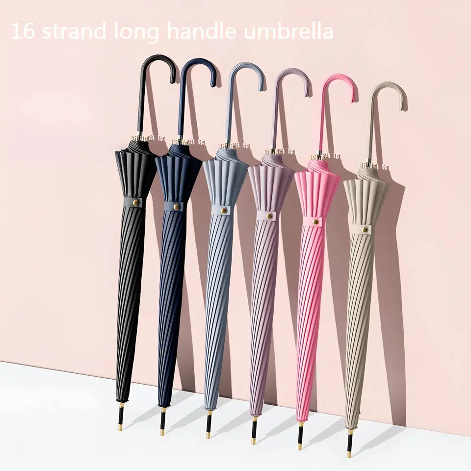 Long Handle Umbrella Automatic 16 Bone Storm Resistant Black Coating Rain Sun