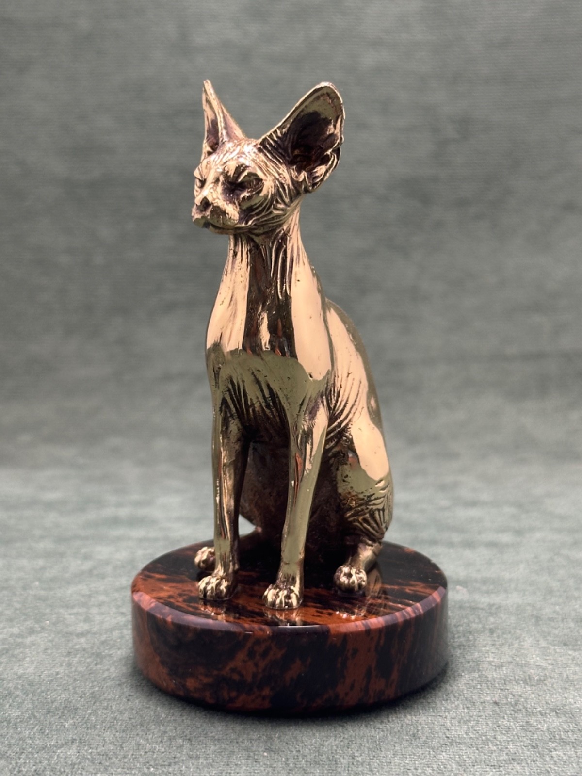 Sphinx Cat Figurine Cast Bronze Art Deco Statuette Sculpture Base In Obsidian