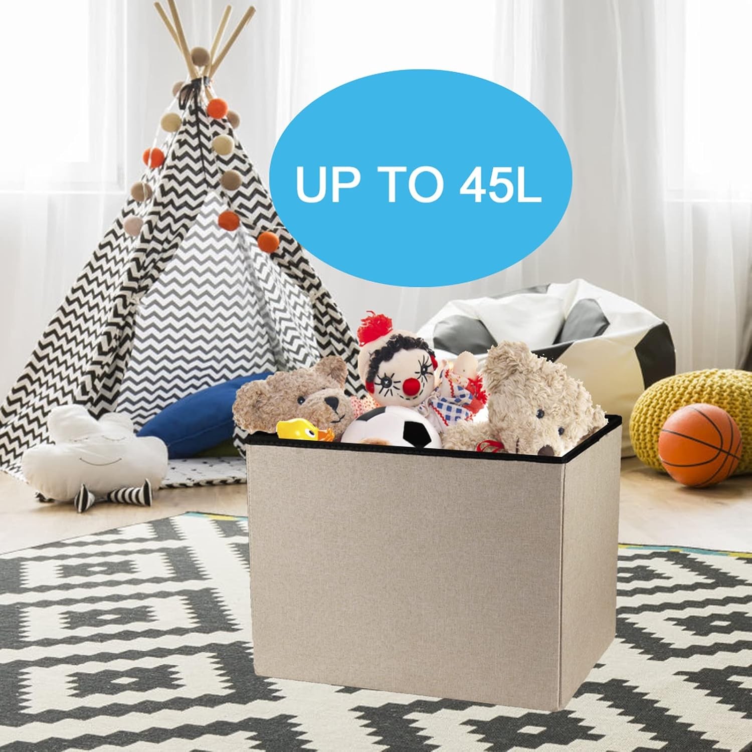 Ottoman Storage Foot Rest with Collapsible Design and Beige Fabric