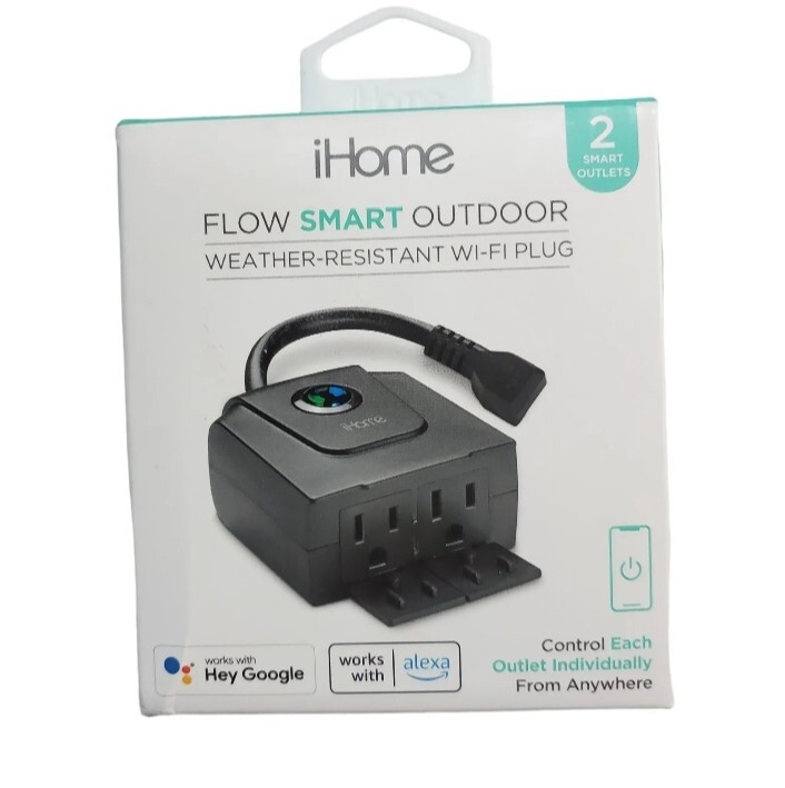 iHome Flow Smart Outdoor Weather Resistant WiFi Plug - 2 Outlets - Alexa/Google