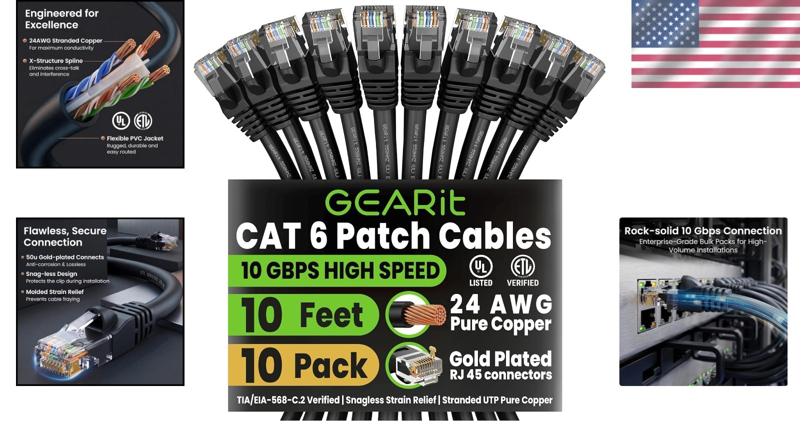 10-Pack Cat6 Ethernet Patch Cable 10ft Black