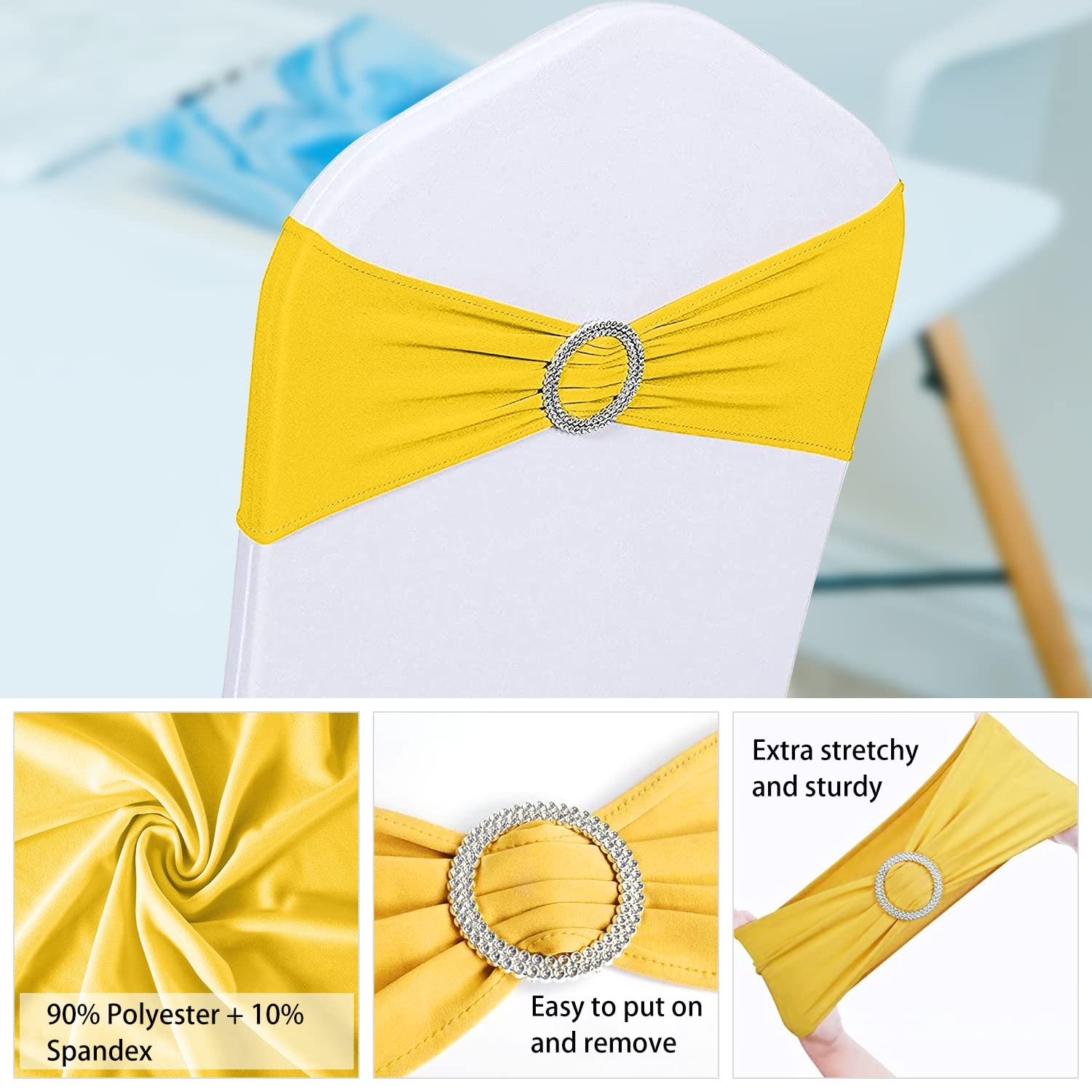 Jieqier Yellow Chair Sashes, 25PCS Spandex Sashes Bows, Chair Cover Bands wit...