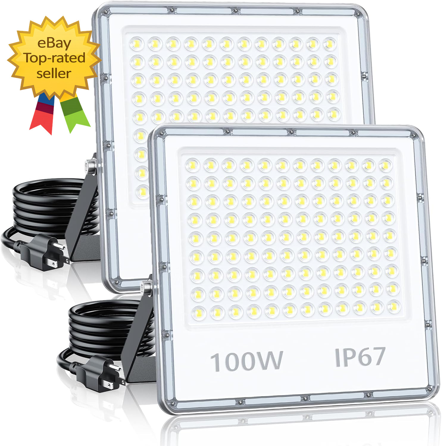 Outdoor Flood Lights 2 Pack 100W 10000LM LED Security Yard Garden Plug In IP67