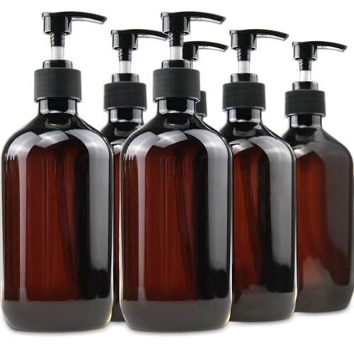 6 Pack 500ml Amber Plastic Pump Bottles - Refillable for Sanitizer, Lotion