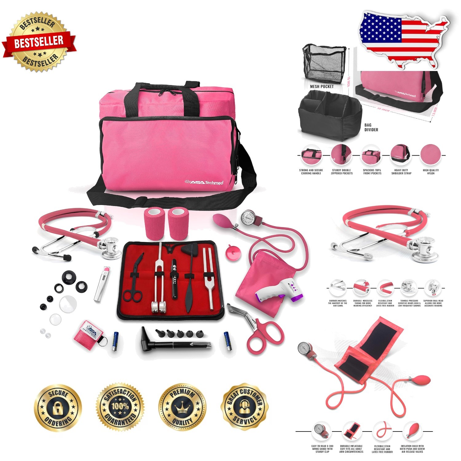 Pink Nurse Starter Kit 18pc Medical Essentials Bag Stethoscope BP Monitor
