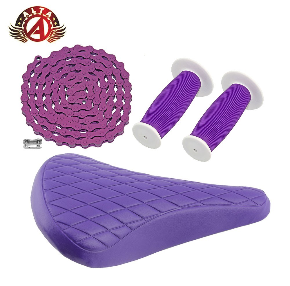 ALTA DlAMOND VlNYL BMX SADDLE 702 WITH PURPLE CHAlN & WHITE MUSHROOM GRlPS