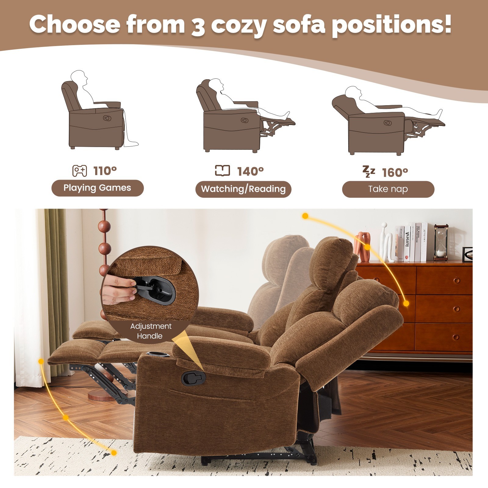 Chenille Reclining Sofa 3-Seater with Convertible Table, Storage Ottoman