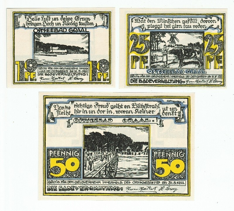 SET OF 3 GERMANY NOTGELD 10.25.50 PFENNIG REUTERGELD 1922 UNC