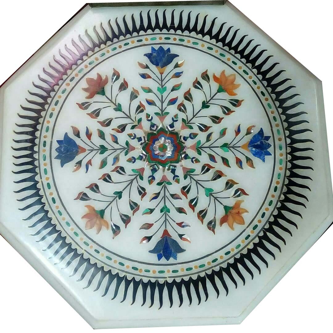18" marble corner table top semi precious stones inlay art Handicraft decor