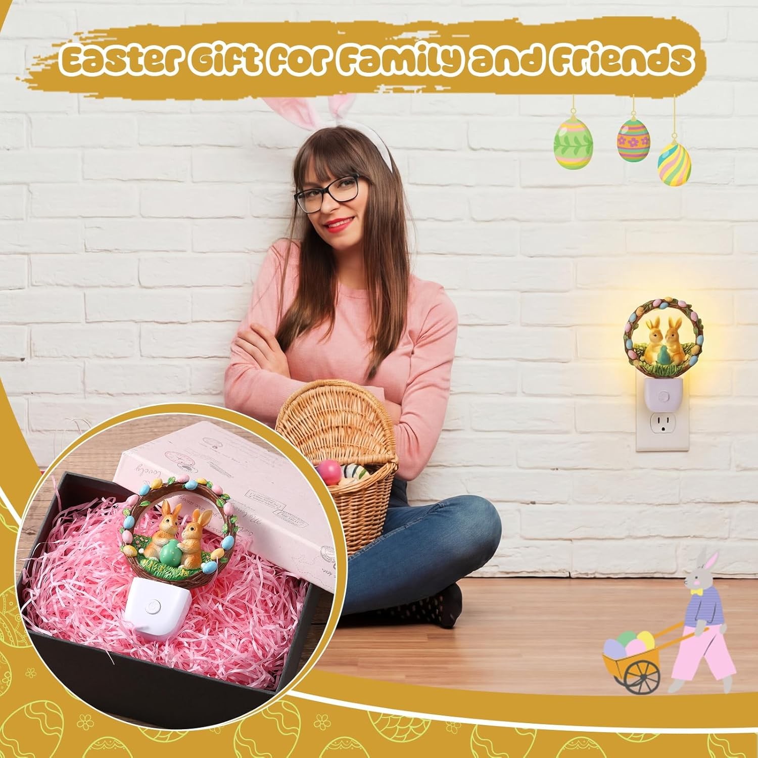 VIHOSE Easter Night Light Easter Bunny Light Decoration Plug into Wall LED Night