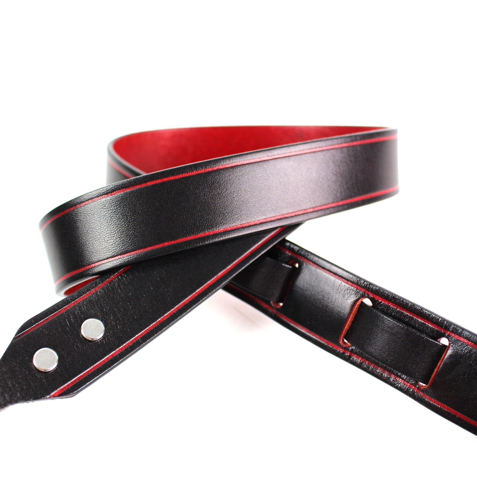 Walker & Williams M-12 Gloss Black And Red Premium Grain Leather Mandolin Strap