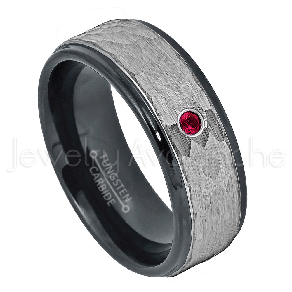 2-Tone Hammered Tungsten Ring, 0.07ct Ruby Ring, July Birthstone Ring #708