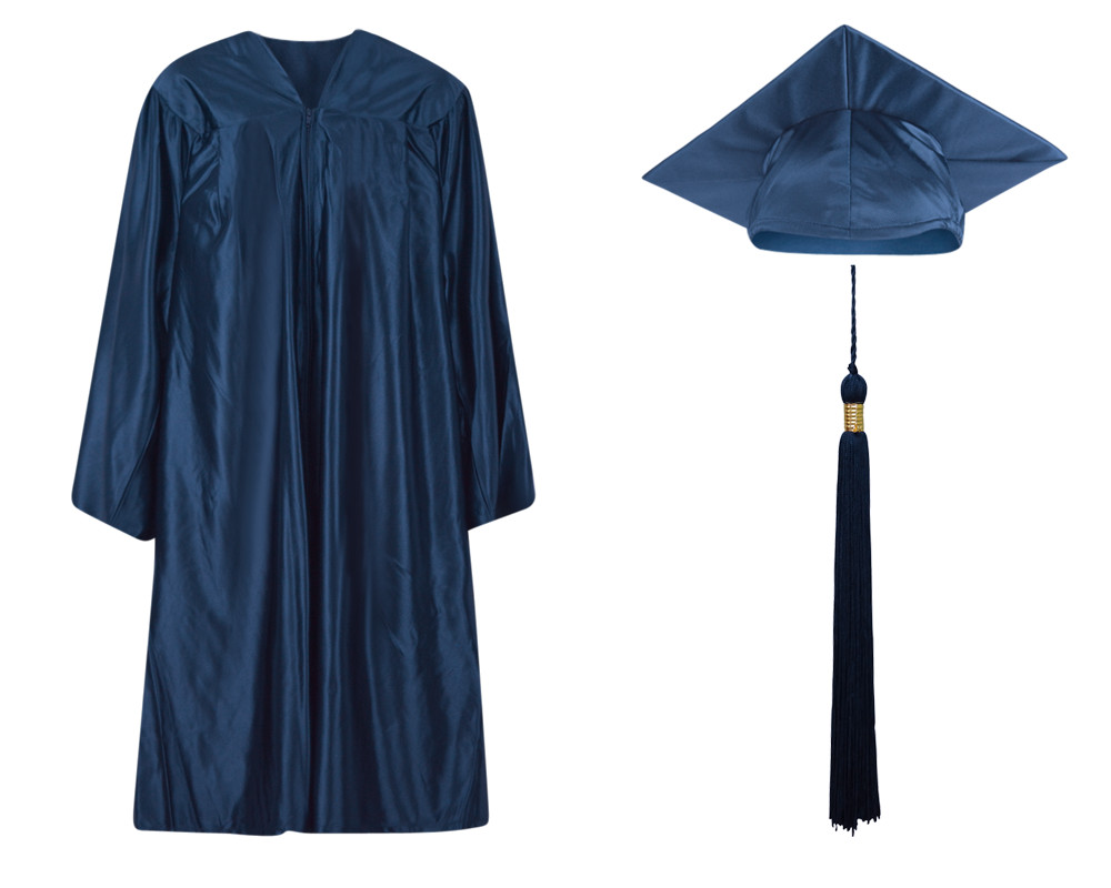 Navy Blue Shiny Graduation Cap Gown and Tassel - 13 sizes available