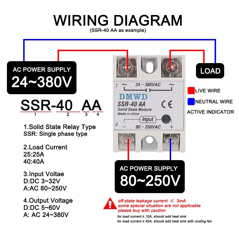 SSR-40AA Solid State Relay AC to AC (Input 80-250V AC Output 24-380V AC) with...