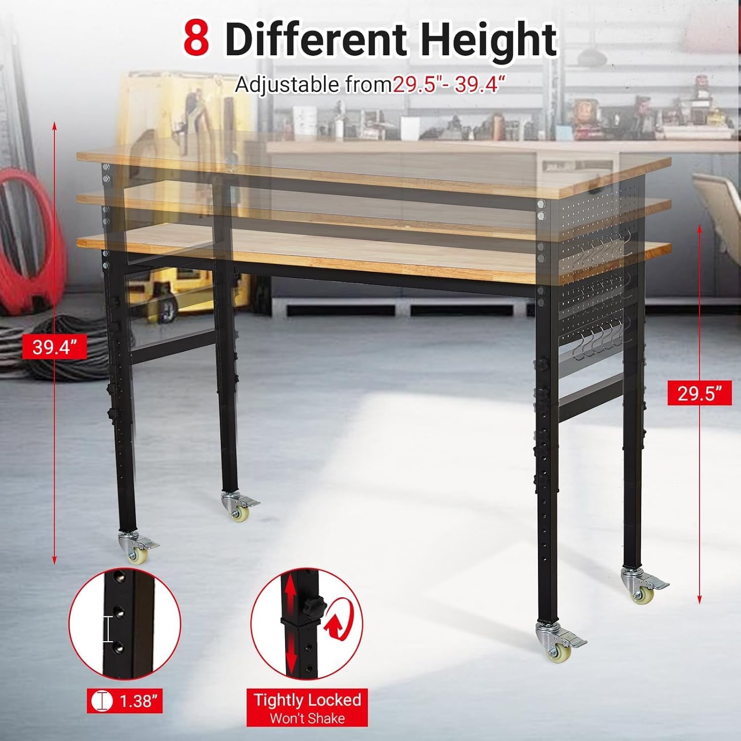 48" x 24" Adjustable Workbench with Scale, Pegboard & Hooks, 29.5"-39.4" 2200LBS