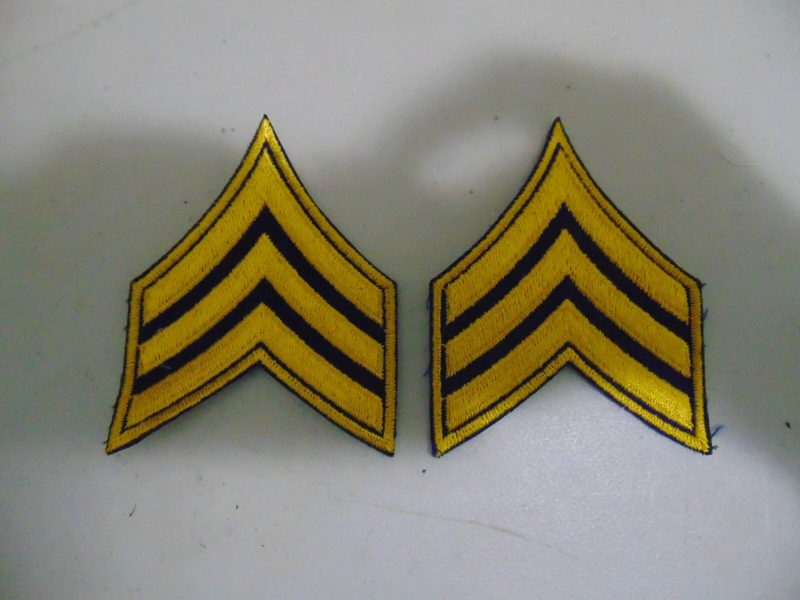 MILITARY POLICE OR FIRE PATCH SET OF 2 SEW ON SERGEANT STRIPES YELLOW ON BLUE