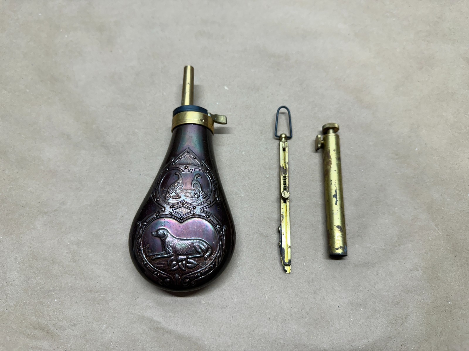 Vintage Black Powder Supplies: Flask, Powder Measure, Primer Dispenser