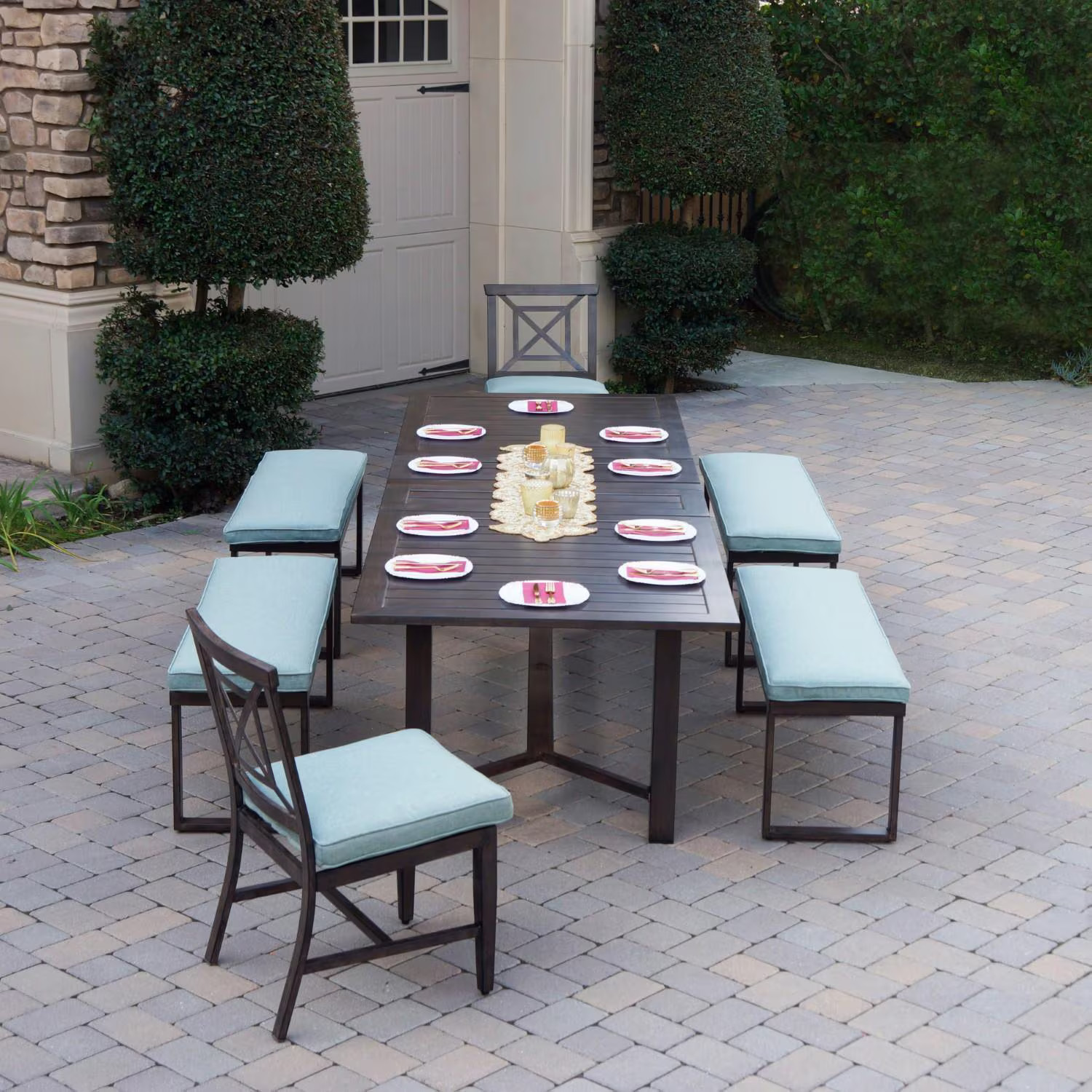 Atlantis 7 Pc Aluminum Dining Set 2 Dining Side Chairs, 4 Two Person Benches &