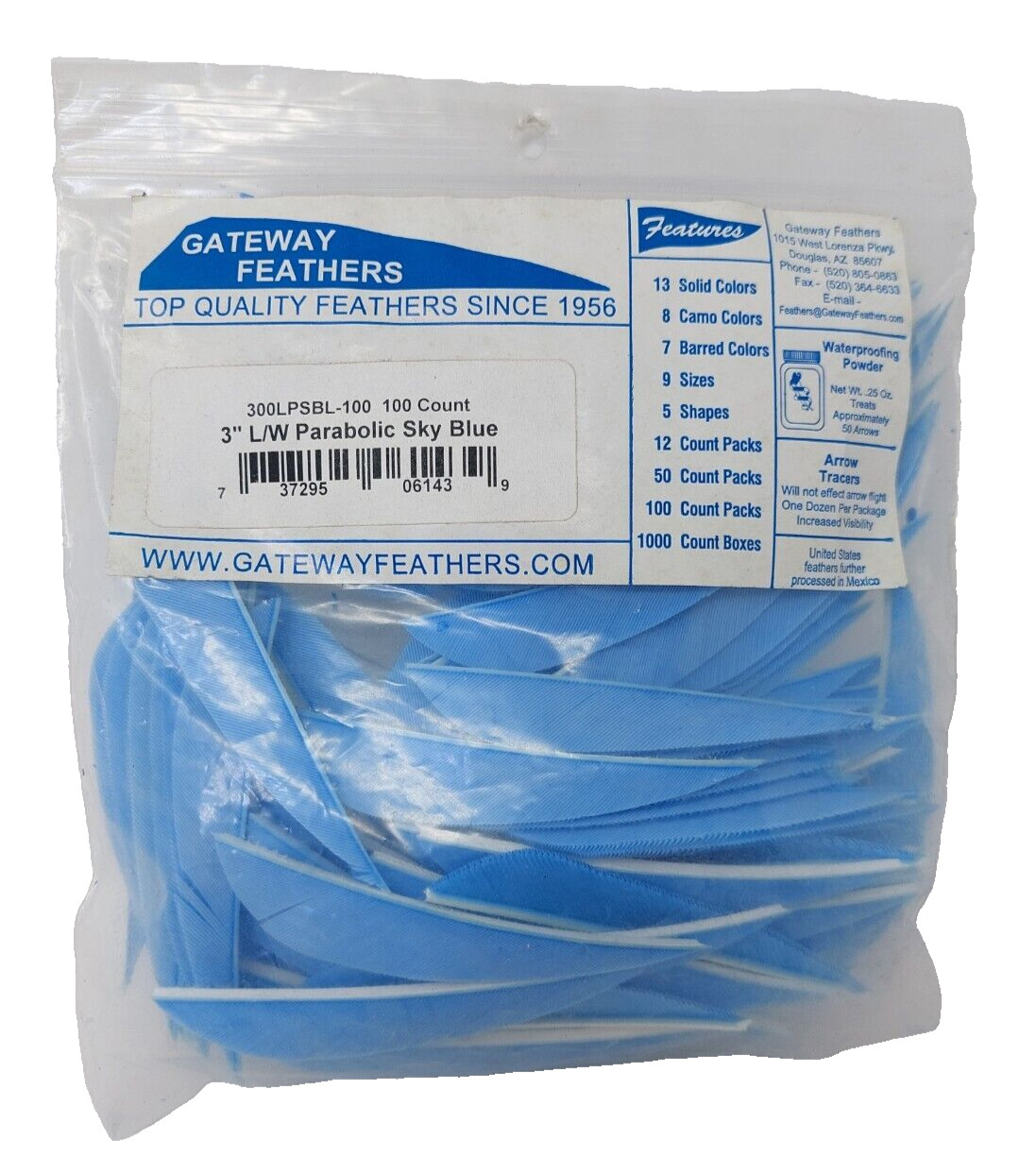 100 Pack Gateway Feathers 3" Left Wing: Parabolic Sky Blue 300LPSBL-100