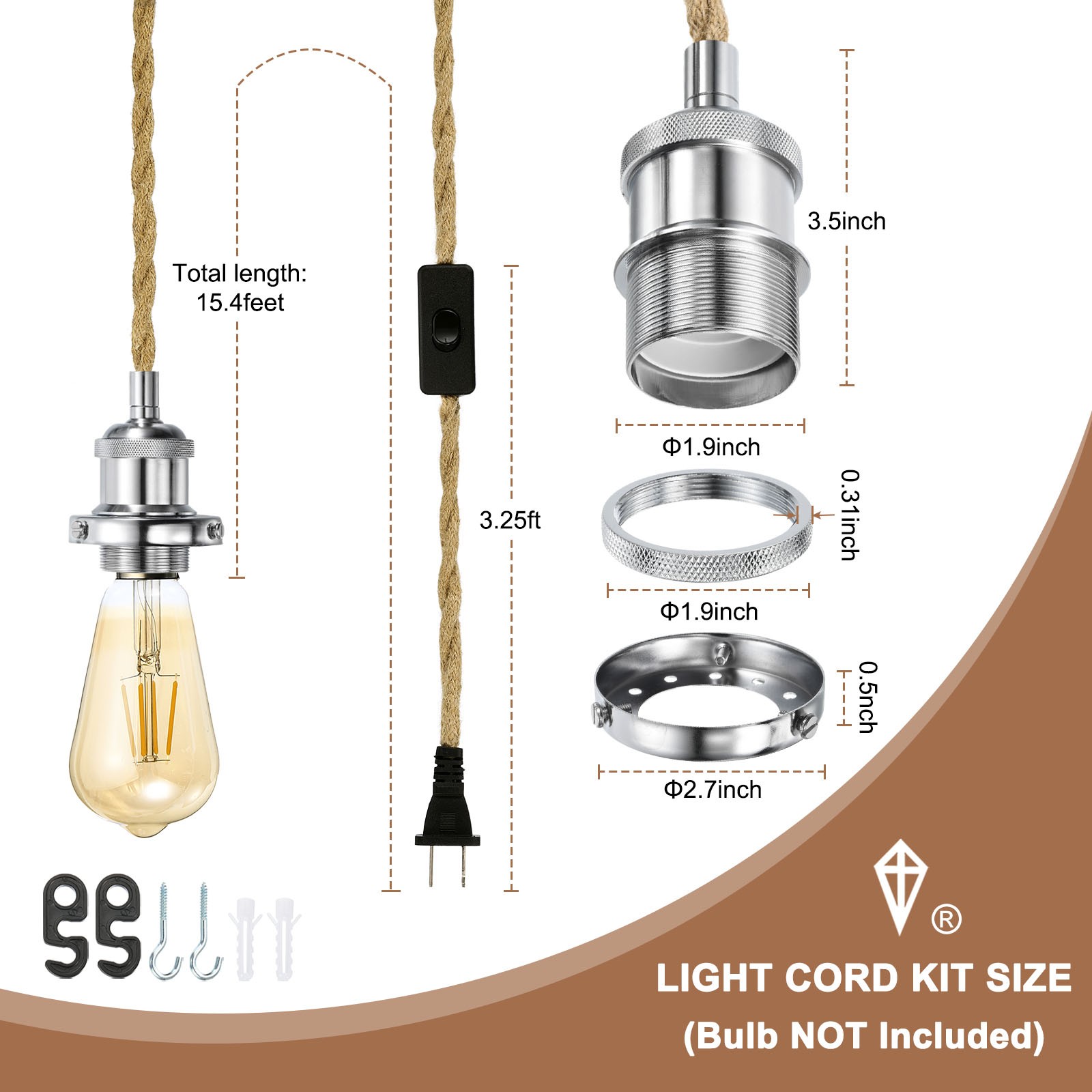 15.4Ft Pendant Light Cord Bundle Plug in E26 Socket Vintage Twisted Rope Chrome