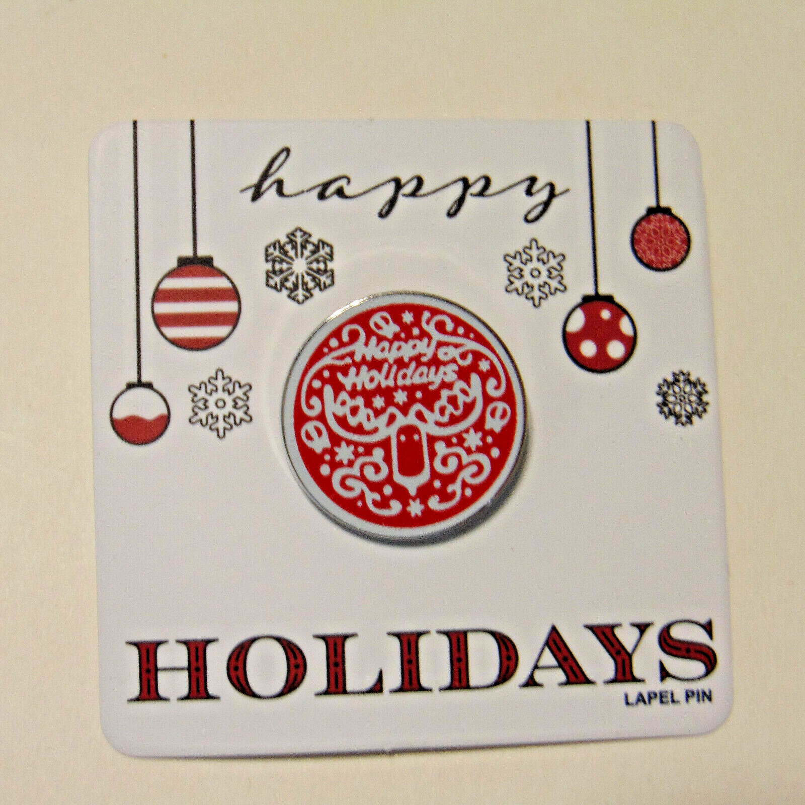 Happy Holidays Brooch Lapel Pin Christmas Round Red White Silver Star Swirls