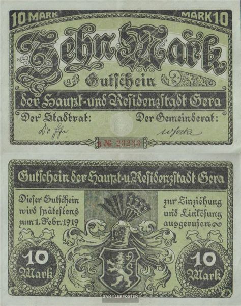 Gera Gutschein the City Gera used (III) 1919 10 Mark