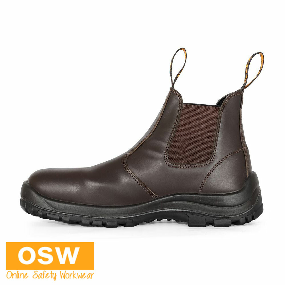 Mens Traditional Builder Tradie Soft Toe Elastic Side BROWN Easy-Pull Work Boots