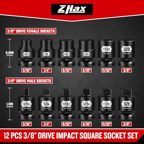 Zhax 12PCS 3/8-Inch Drive Pipe Plug Socket Set - Impact SAE (3/16-3/8")