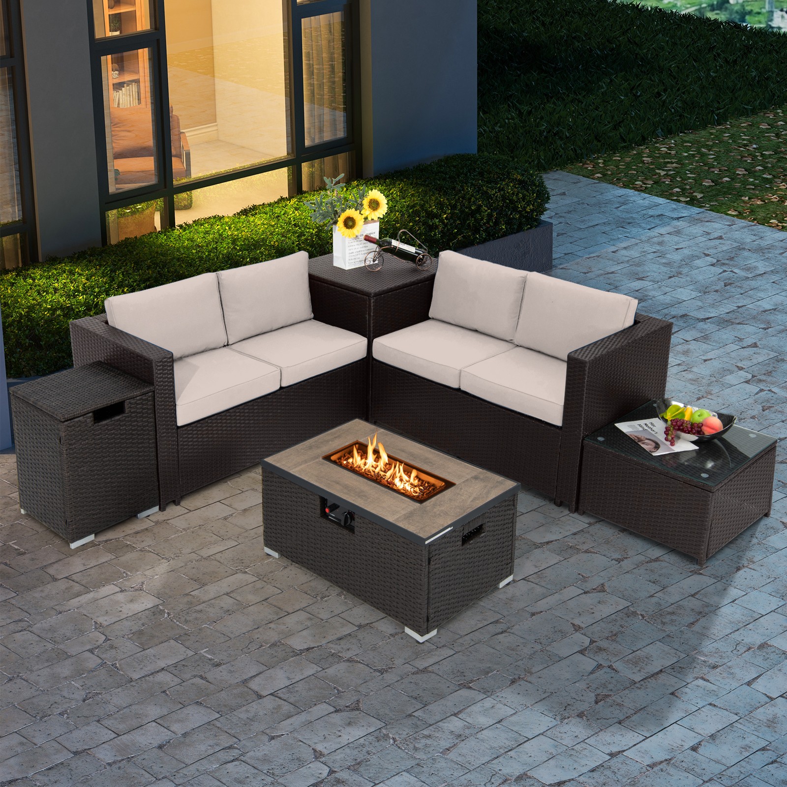 6PCS Patio Rattan Furniture Set 32" Fire Pit Table Tank Holder W/Cover Beige