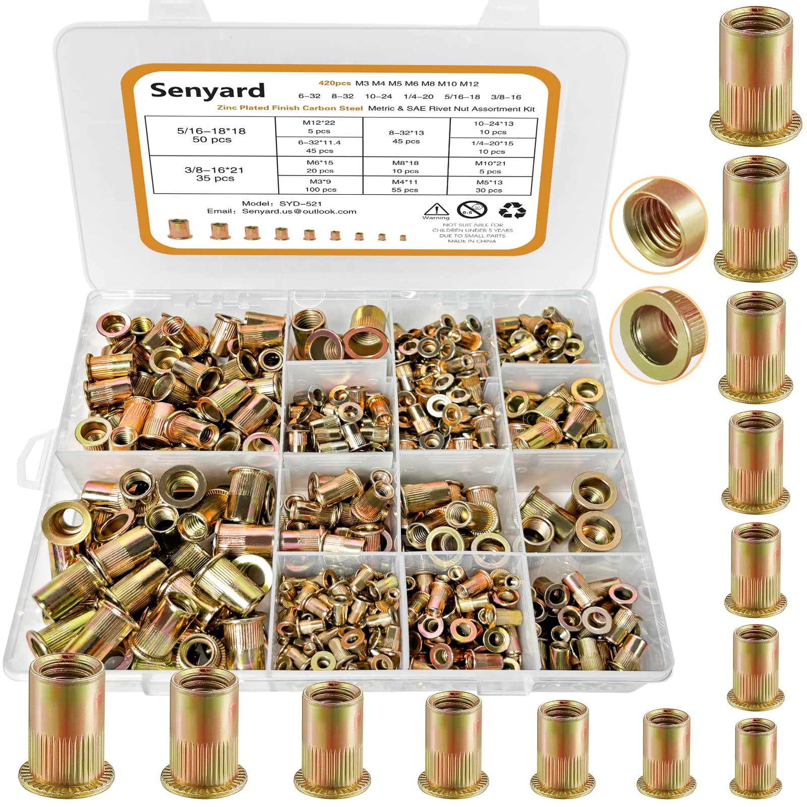 Metric & SAE Rivet Nuts Assortment Kit(420 Pcs), &SAE-420pcs, Yellow