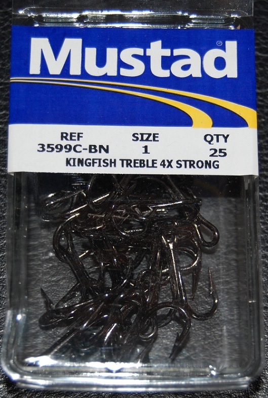 25 Mustad 3599CBN-01 4X Strong Kingfish Black Nickel Size 1 Treble Hooks