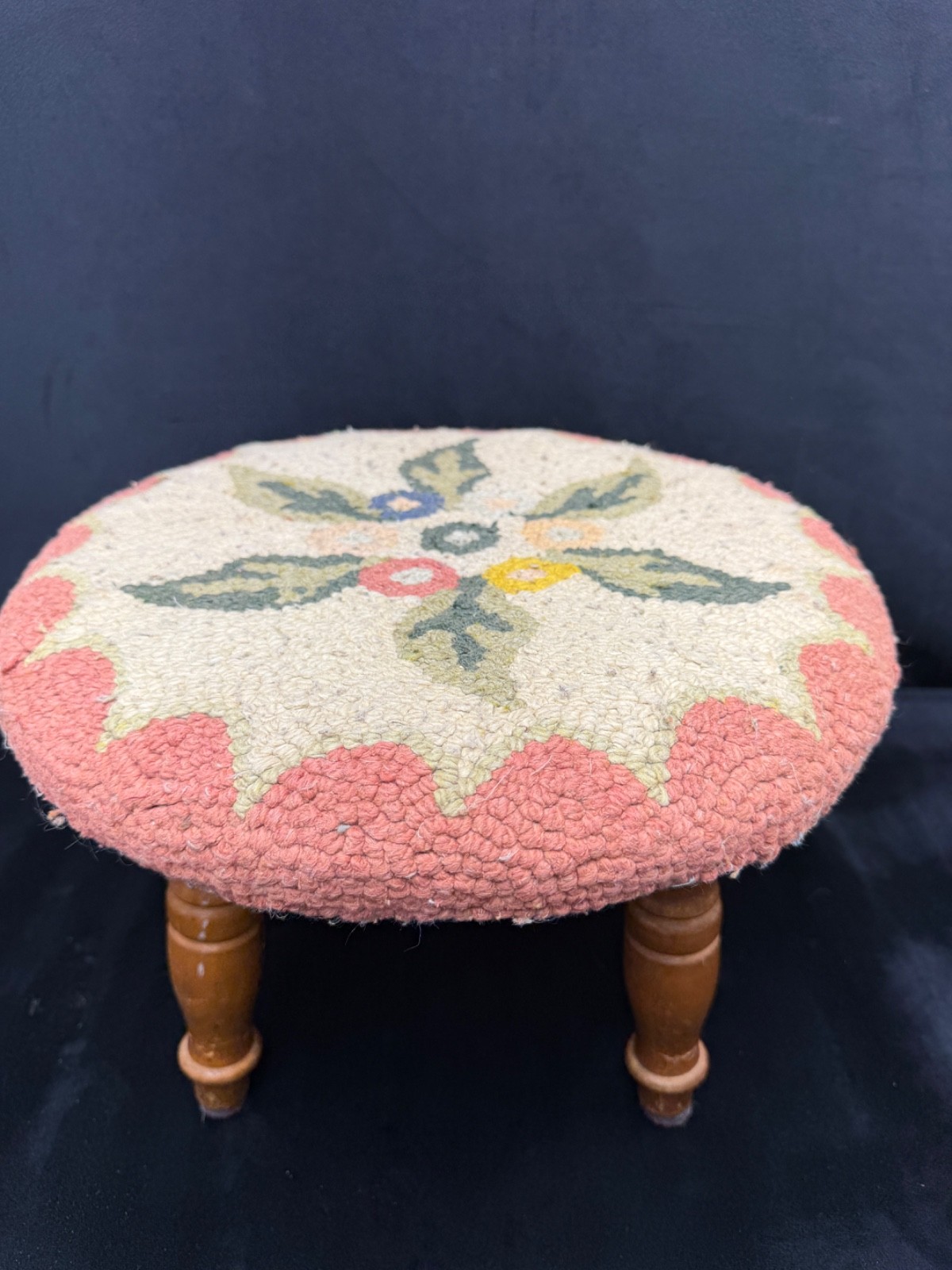 Vtg Needlepoint Floral Round 4 Wood Leg Foot Stool 14"Wx9"H Granny Core Cottage