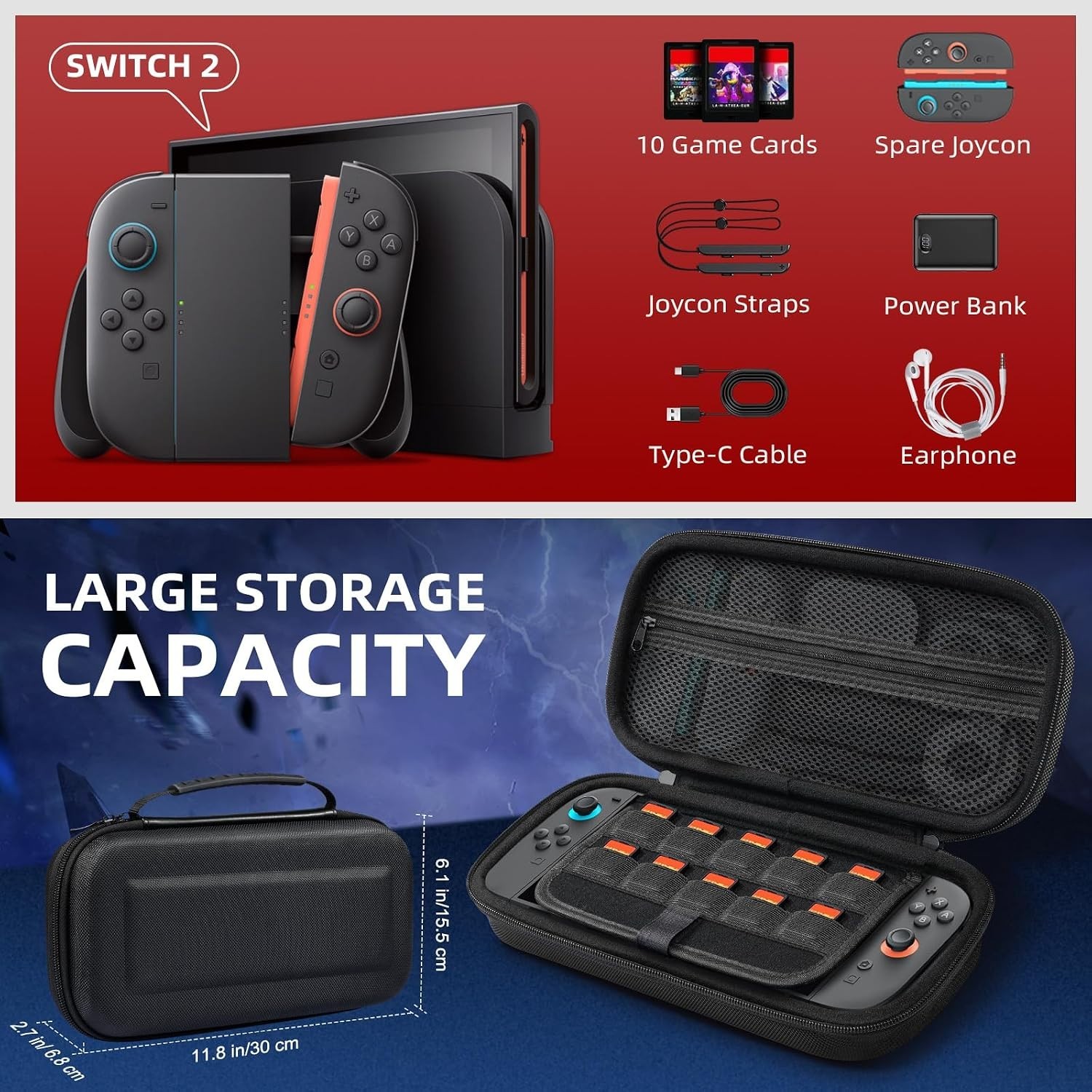 For Nintendo Switch 2 Carrying Case Bag Large Capacity Protective Hard Shell