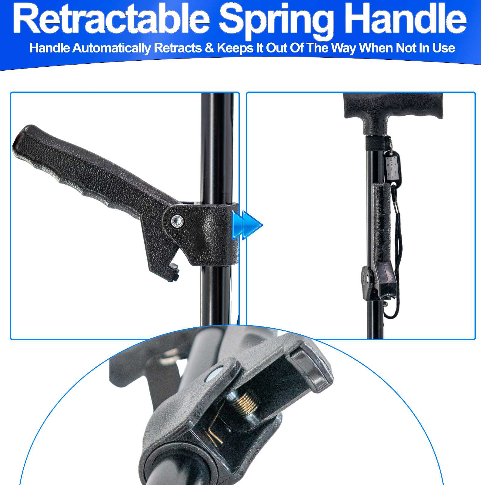 Walking Stick Cane Quad Four Prong Base, Adjustable Dual Handle, Self Standing