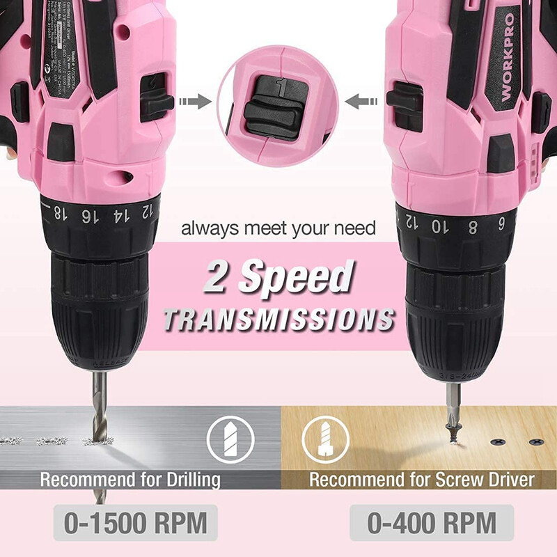 WORKPRO 12V Pink Cordless Drill Driver Set Electric Screwdriver Driver with Bag