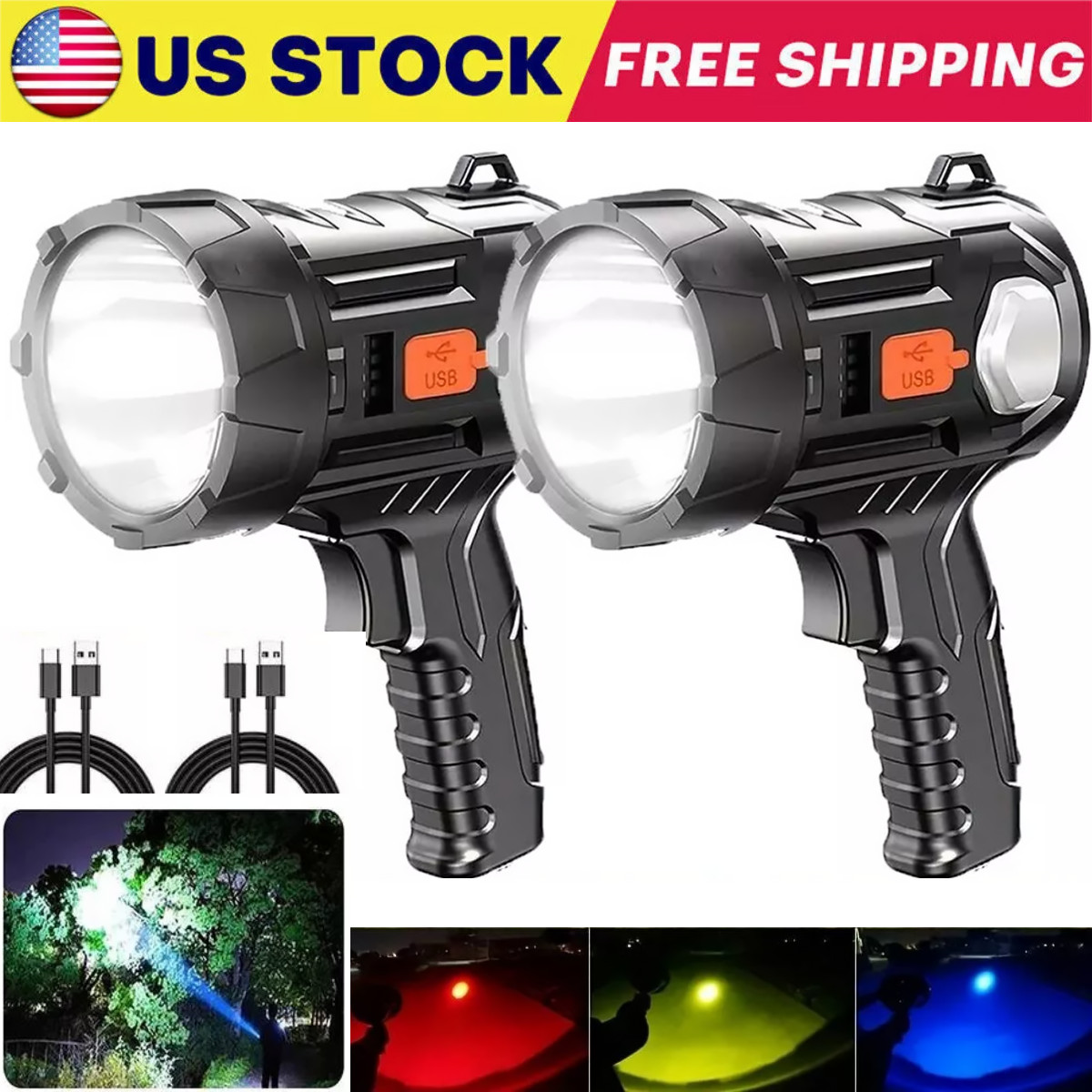 2× 90000000LM Bright Solar/USB Rechargeable LED Spotlight Flashlight Searchlight